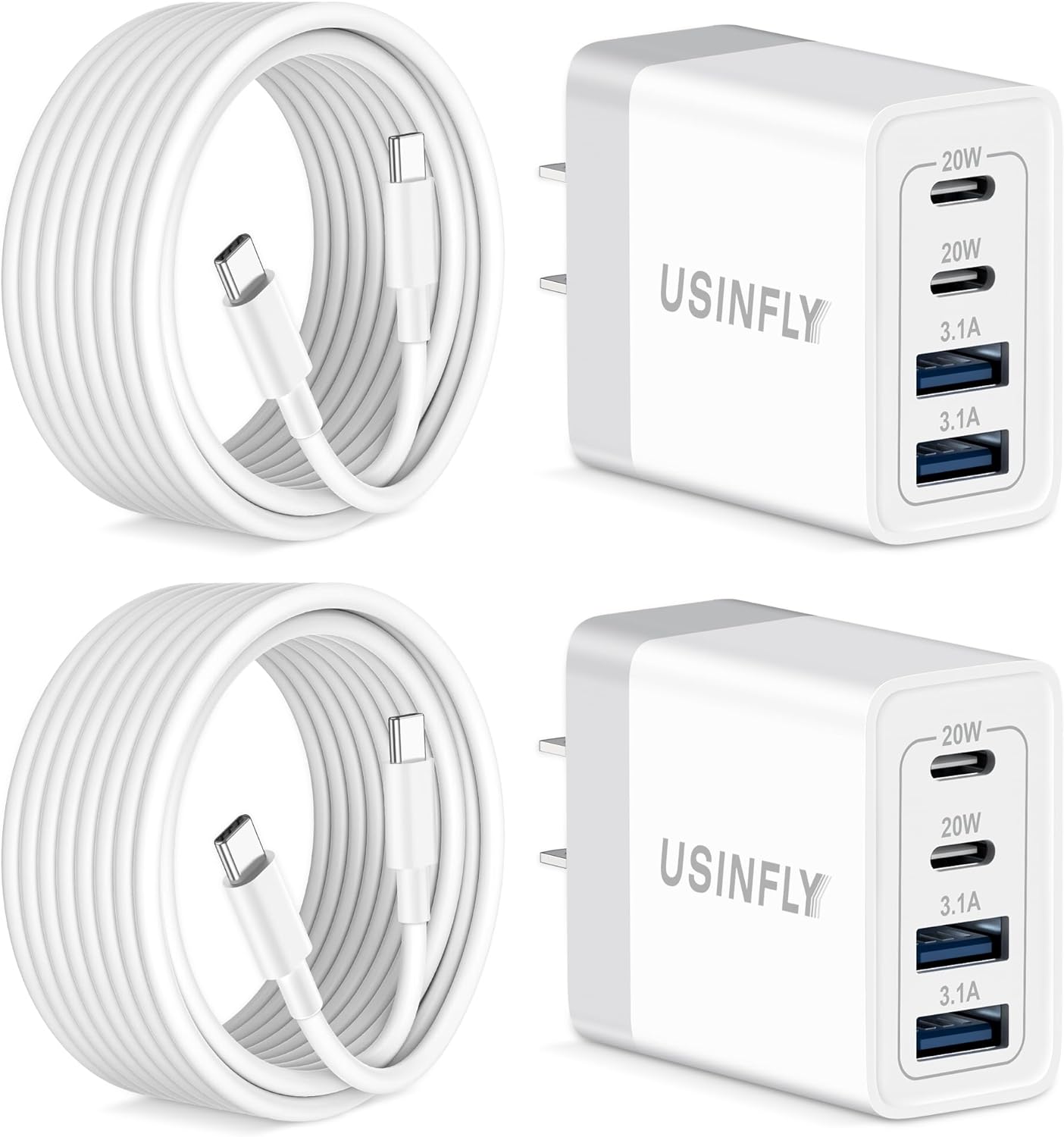 40W USB C Fast Charger for iPhone 15/15 Plus/15 Pro/15 Pro Max, iPad Pro/Air/Mini, AirPods, 2Pack 4-Port USB C Wall Charger Power Adapter Type C Fast Charging Block with 10FT Long USB C to USB C Cable