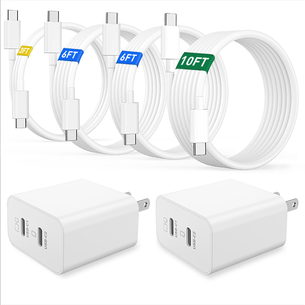 iPhone 17 16 15 Charger Fast Charging, 2 Pack 60W Dual USB C Fast Wall Charger Block with Long 3/6/6/10FT USB C Cable Cord for iPhone 17/17 Pro/17 Pro Max/Air/16/15/Pro Max/Plus, iPad Pro/Mini/Air
