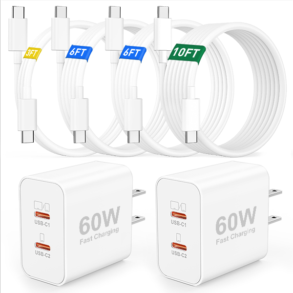 iPhone 17 16 15 Charger Fast Charging, 2 Pack 60W Dual USB C Fast Wall Charger Block with Long 3/6/6/10FT USB C Cable Cord for iPhone 17/17 Pro/17 Pro Max/Air/16/15/Pro Max/Plus, iPad Pro/Mini/Air