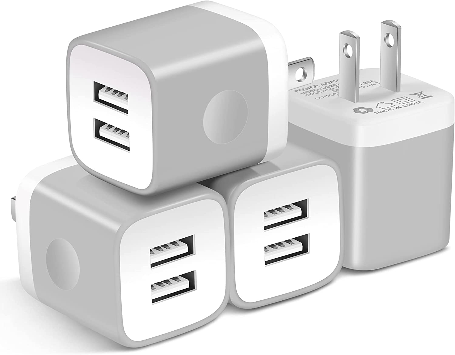 USINFLY USB Wall Charger  4-Pack 10.5W/2.1A Universal 2-Port USB Wall Plug Power Adapter for Phone X, 8/8 Plus 7/7 Plus, 6/6 Plus 6S, Pad, Samsung Galaxy S5 S6 S7 Edge, Nexus, LG (Gray)