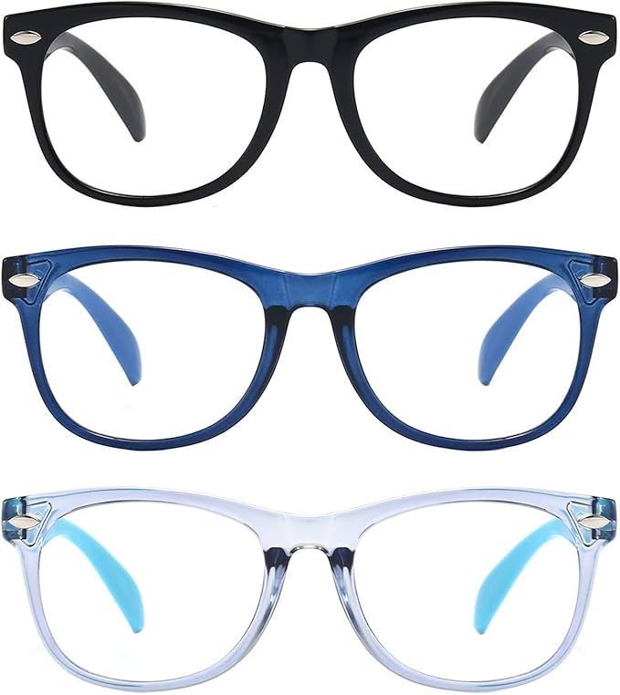 USINFLY 3 Pack Kid Blue Light Glasses For Kids Girls Boys Computer Blue Light Kids Glasses Clear Glasses Age 3-9 (Black + Dark blue + Light blue)
