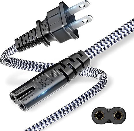 USINFLY 2 Prong Power Cord Braided - 2 pin AC Replacement Power Cable 10ft/3m,7A 125V 18AWG Electric Adapter Cables,UL Certified Universal Power Cord for PS4/PS5,Printer,TV,Mini Fridge,Ring Light and More