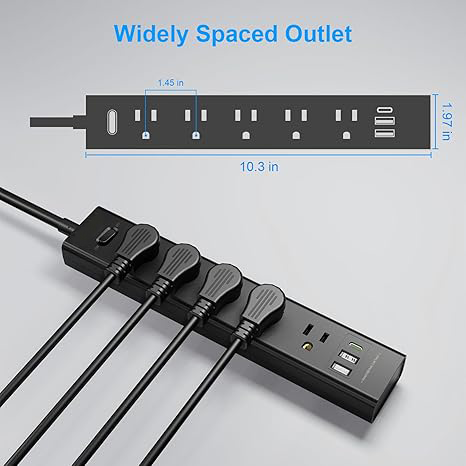 USINFLY 2 Pack Power Strip Surge Protector-5 Widely Spaced Outlets 3 USB Ports(1 USB C Port),1250W/10A with 5Ft Extension Cord, Power Strips with Surge Protection, Wall Mount for Home Office,Black